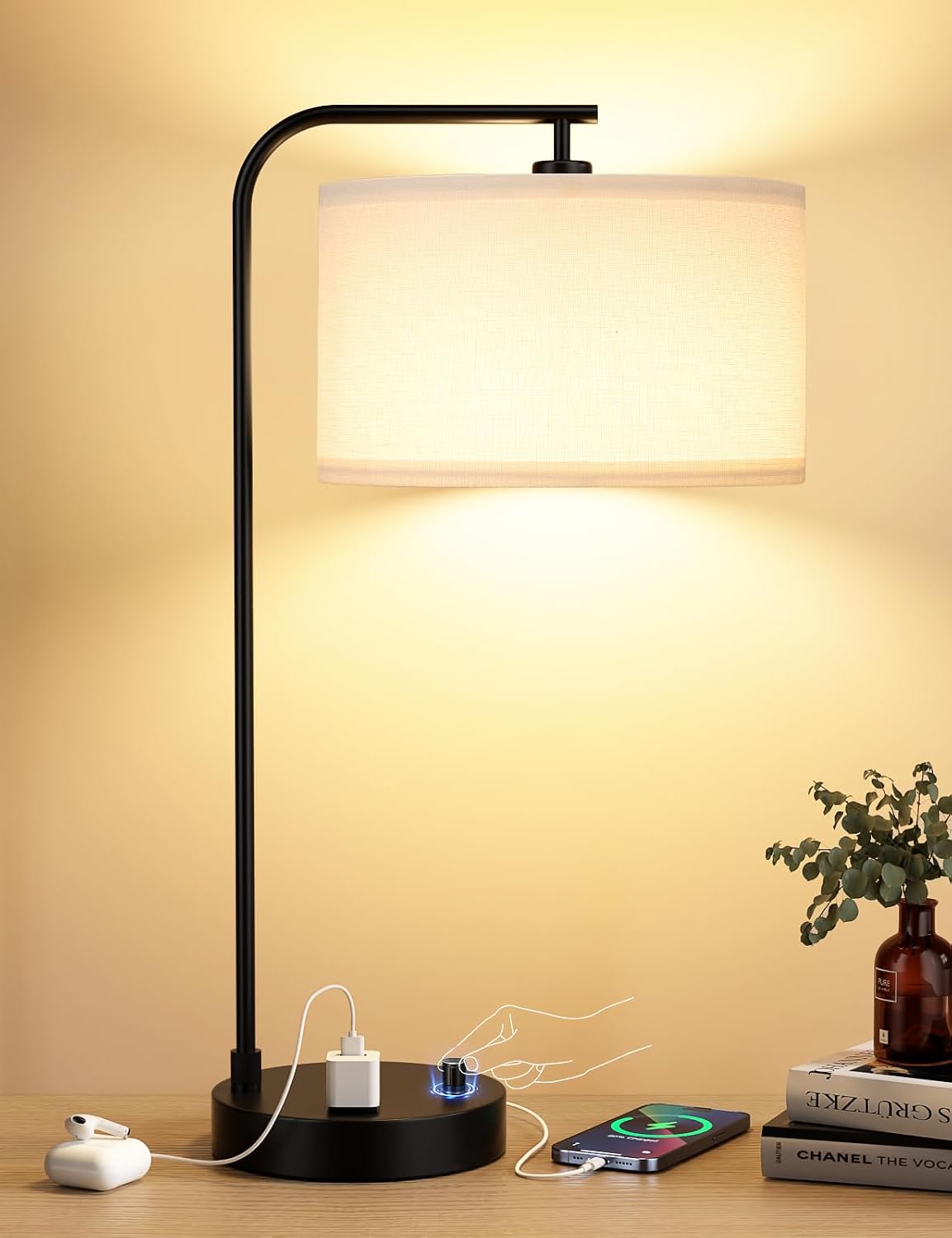 Desk Lamp Led - Beistelltischlampe mit USB-Anschluss und Steckdose, Dimmbare
