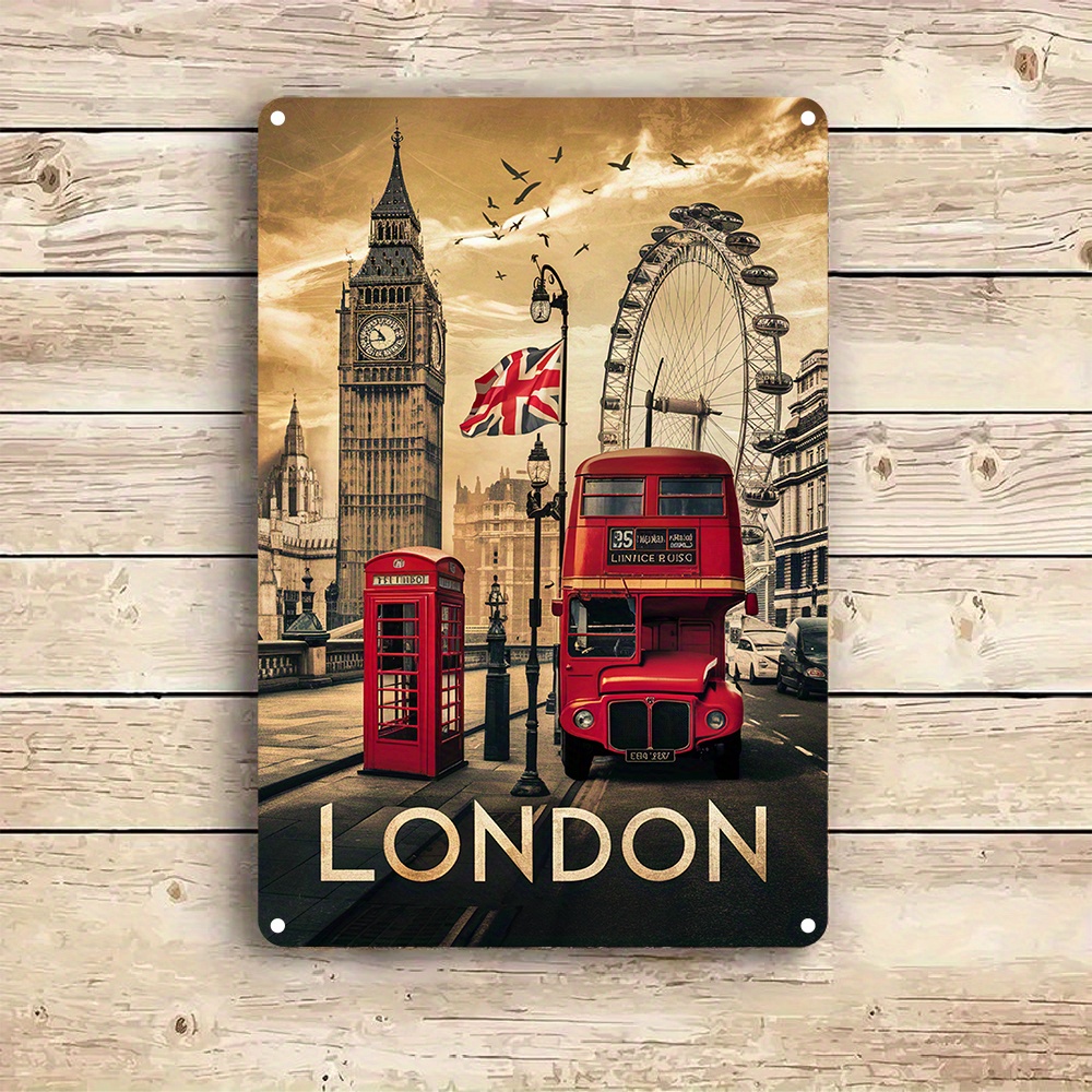 Home Office London - Vintage London Aluminium-Wandkunst-Schild – ikonischer Doppeldecker-Bus,