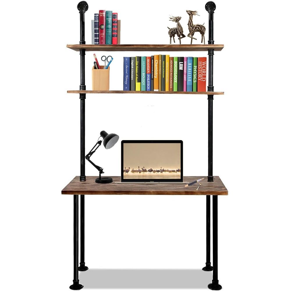 Home Office Industrial Style - 40-Zoll Massivholz-Laptop-Schreibtisch mit Regalen - Industrieller