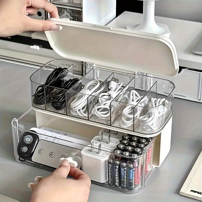 Home Office Jobs - Doppelschichtige transparente Desktop-Kabel-Organizer-Box mit verstellbaren Fächern