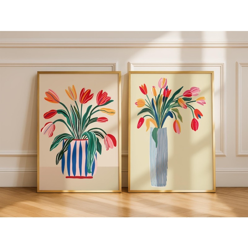 Home Office Youtube - 2 Stück Tulpenblumen-Leinwand-Wandkunst, ungerahmte moderne Blumenvasen-Drucke,