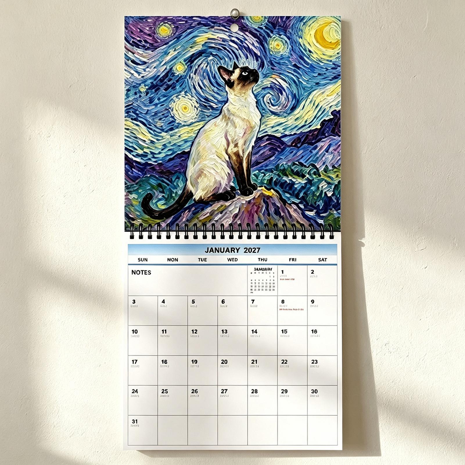 Home Office Wallpaper - 2027 Wandkalender mit Katzen- und Sternenlicht-Motiv,