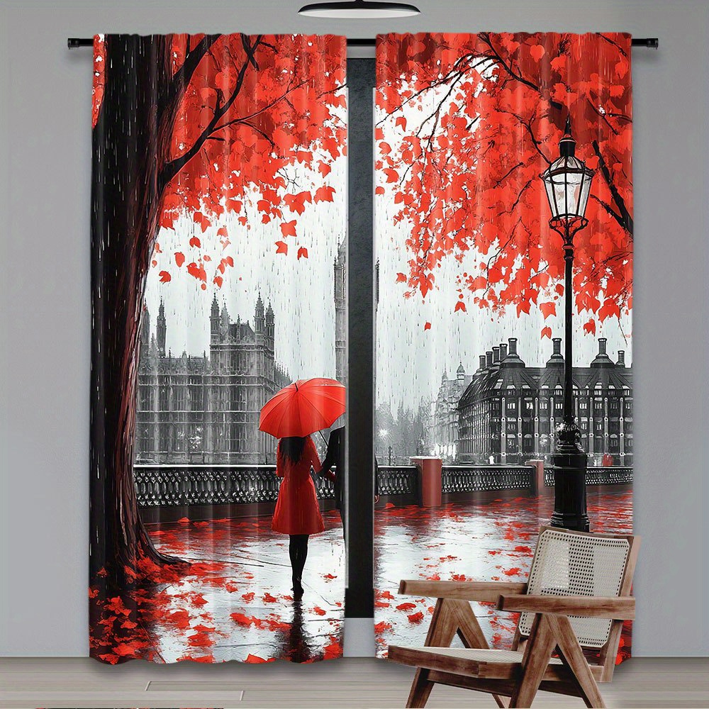 Home Office London - Romantische Herbstvorhänge mit roten Blättern, Herbstlaub,