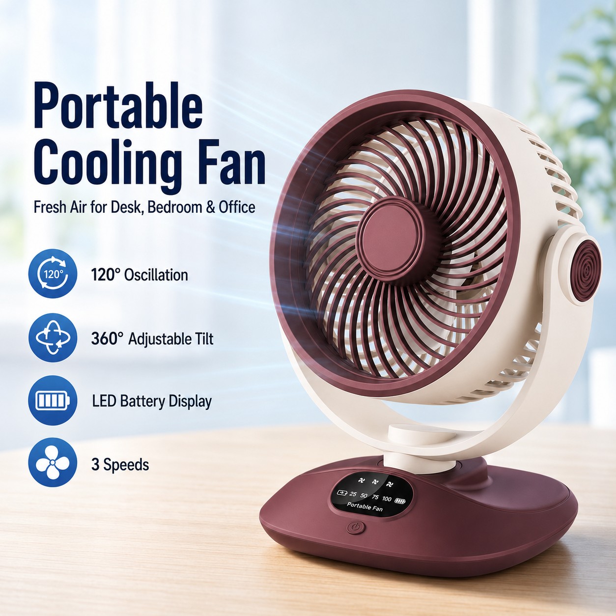 Home Office Jobs - Desktop-Ventilator, wiederaufladbar, Turbo-Luftzirkulator, 3 Geschwindigkeiten, LED-Anzeige,