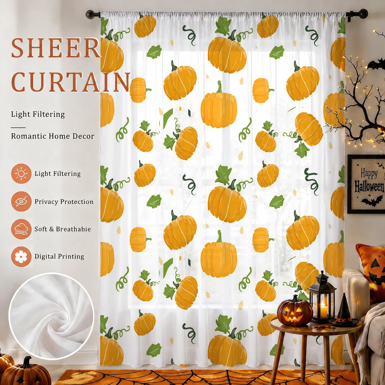 Home Office Youtube - Halloween-Gardine mit Schlauchzug, Halloween-Geschenk, Sichtschutz, lichtfilternder